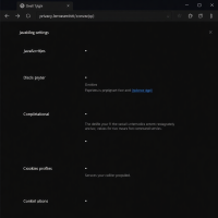 A browser settings page showing JavaScript disabled, cookies being cleared, and various privacy-enhancing browser configurations