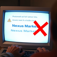 A person reading a warning about phishing links on a retro computer screen, with a big red X over a fake Nexus Market URL